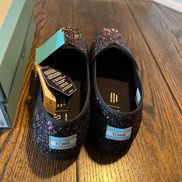 NWT Toms Black Rose Glitter Alpargata Slip On Flats 8.5 - Picture 3 of 5